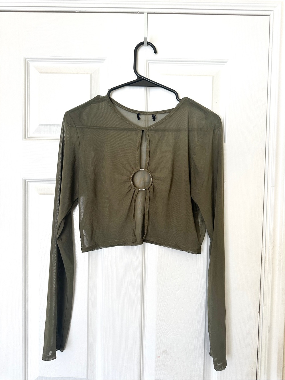 Olive Mesh Ring-Front Long Sleeve Crop Top